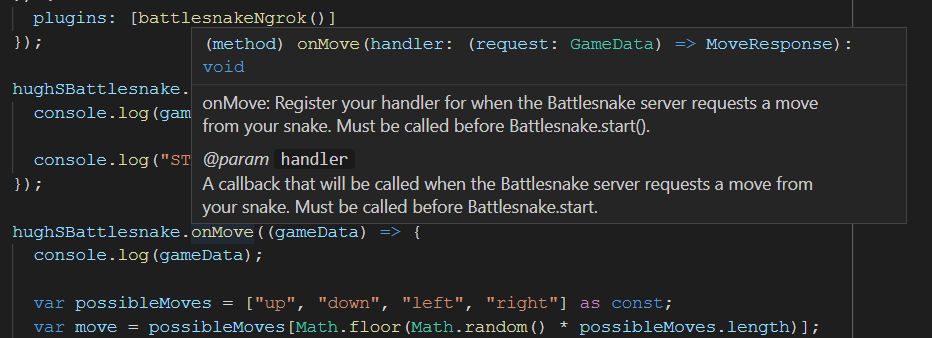 Hover docs for battlesnake's onMove event handler register method in Visual Studio Code